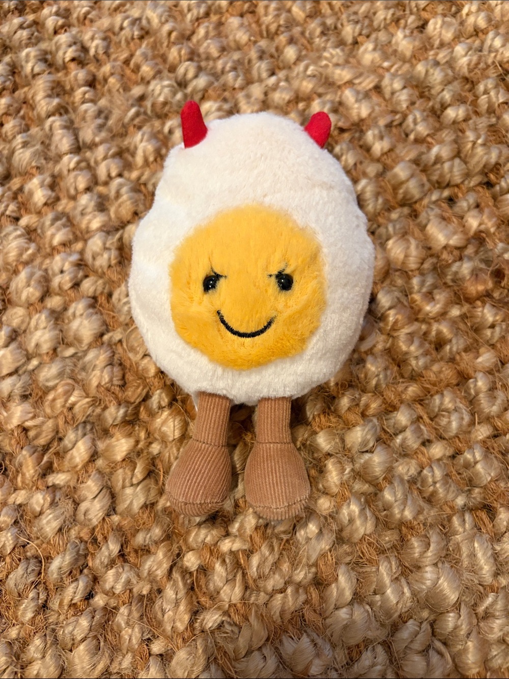Jellycat White & Yellow Egg Plush with Red Horns and Brown Legs